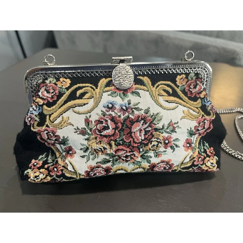Vtg Floral Tapestry Clutch Purse Metal Chain Strap Black Floral Mad In Hong Kong